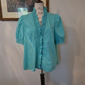 Crown & Ivy Blue Puff Sleeve Ruffled Blouse NWOT